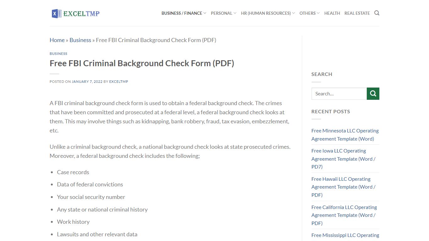 Free FBI Criminal Background Check Form (PDF) - Excel TMP